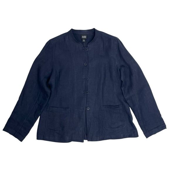 Eileen Fisher Womens Linen Mandarin Collar Button Front Coat Navy Blue Medium - Picture 3 of 15